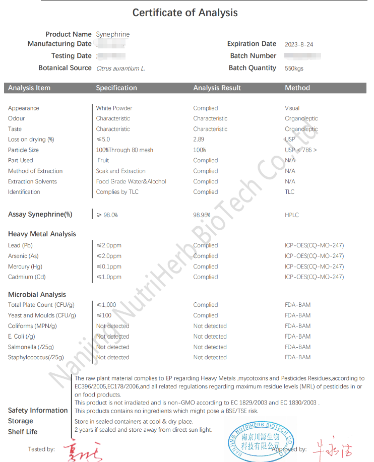 Natural Citrus Aurantium Extract Synephrine Powder