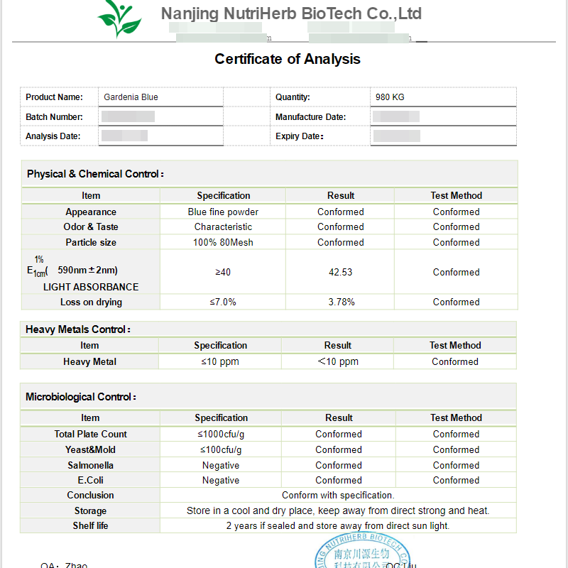 Natural Gardenia Extract Gardenia Blue for Food Colorants 