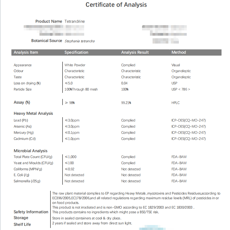Stephania Tetrandra Extract 98% Tetrandrine powder