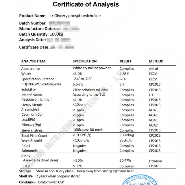Water Soluble Choline Alfoscerate 50% 90% Alpha GPC Powder