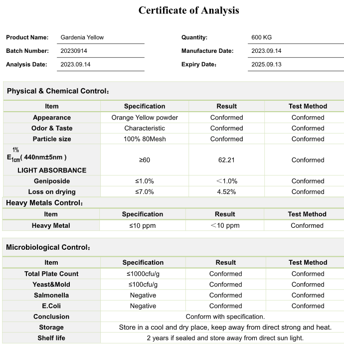 Natural Gardenia Extract Gardenia Yellow for Food Colorants 