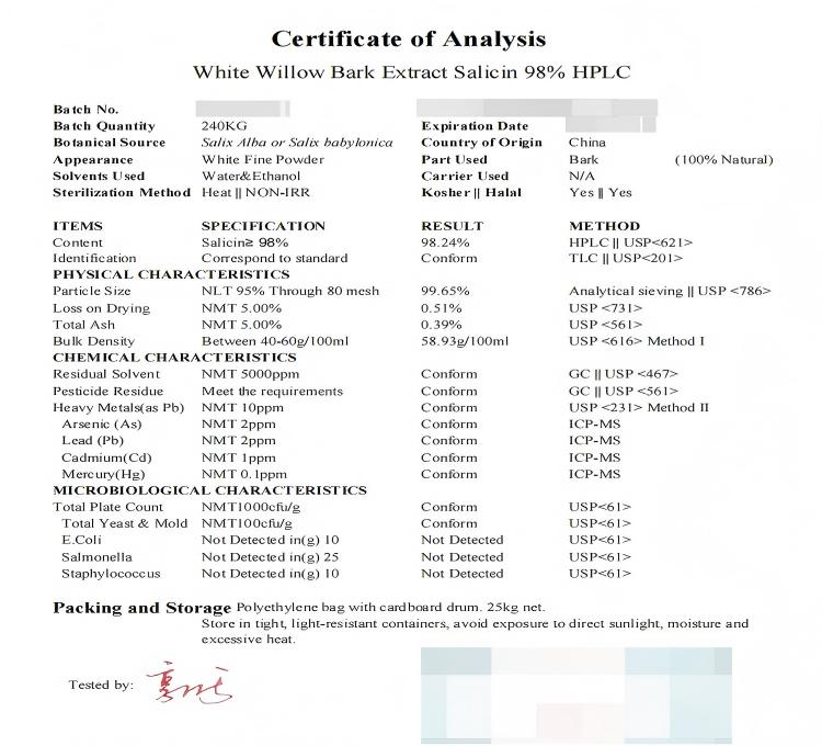 Natural White Willow Bark Extract Salicin Powder 